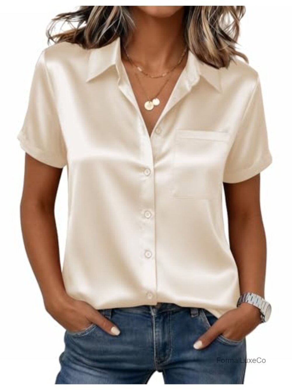 Satin Silk Button Down Short Sleeve Blouse V-Neck Top